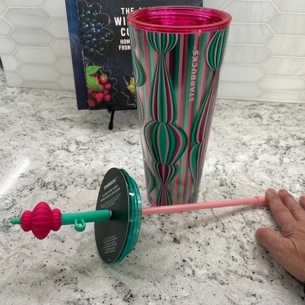 Starbucks 2024 Holiday Striped Holiday Ornament Ball Straw Topper Tumbler. NWT!